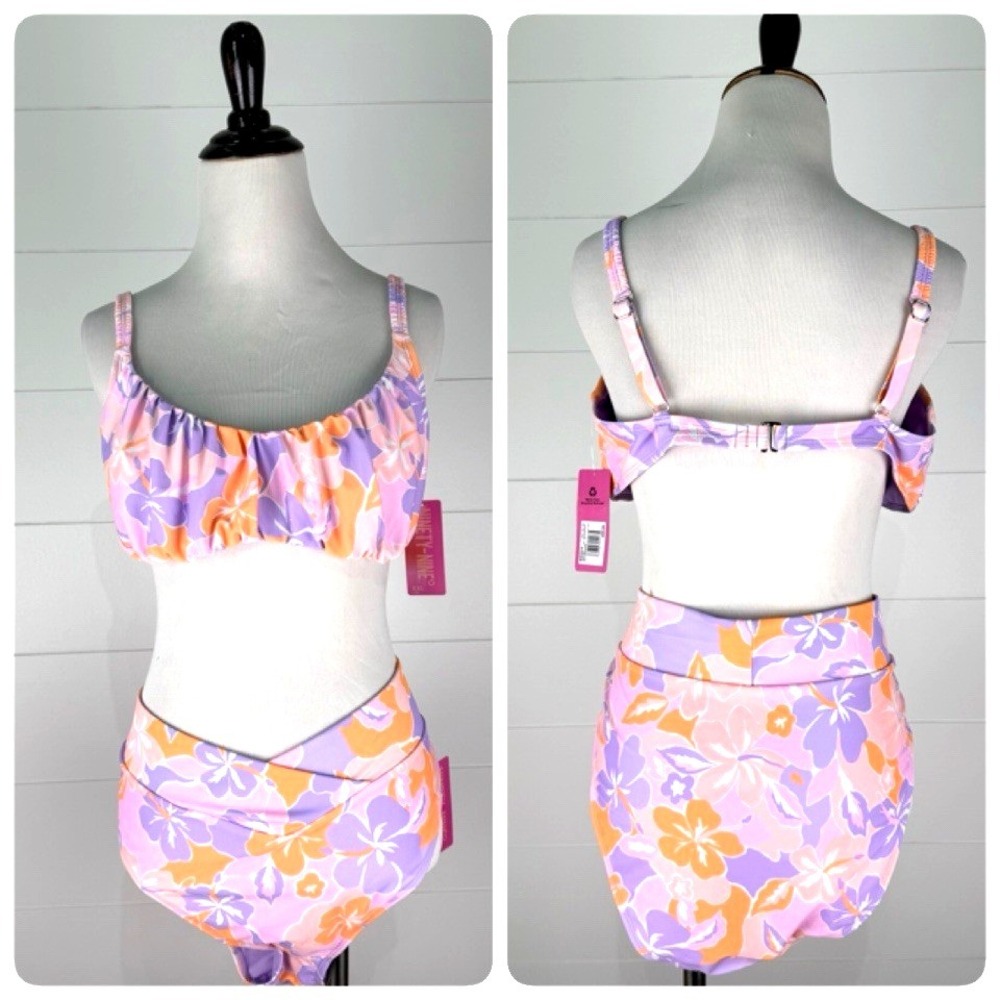 New Floral Tropical Print Bikini Swimsuit Top Bottom Set Jr XXL 19 Pink Purple